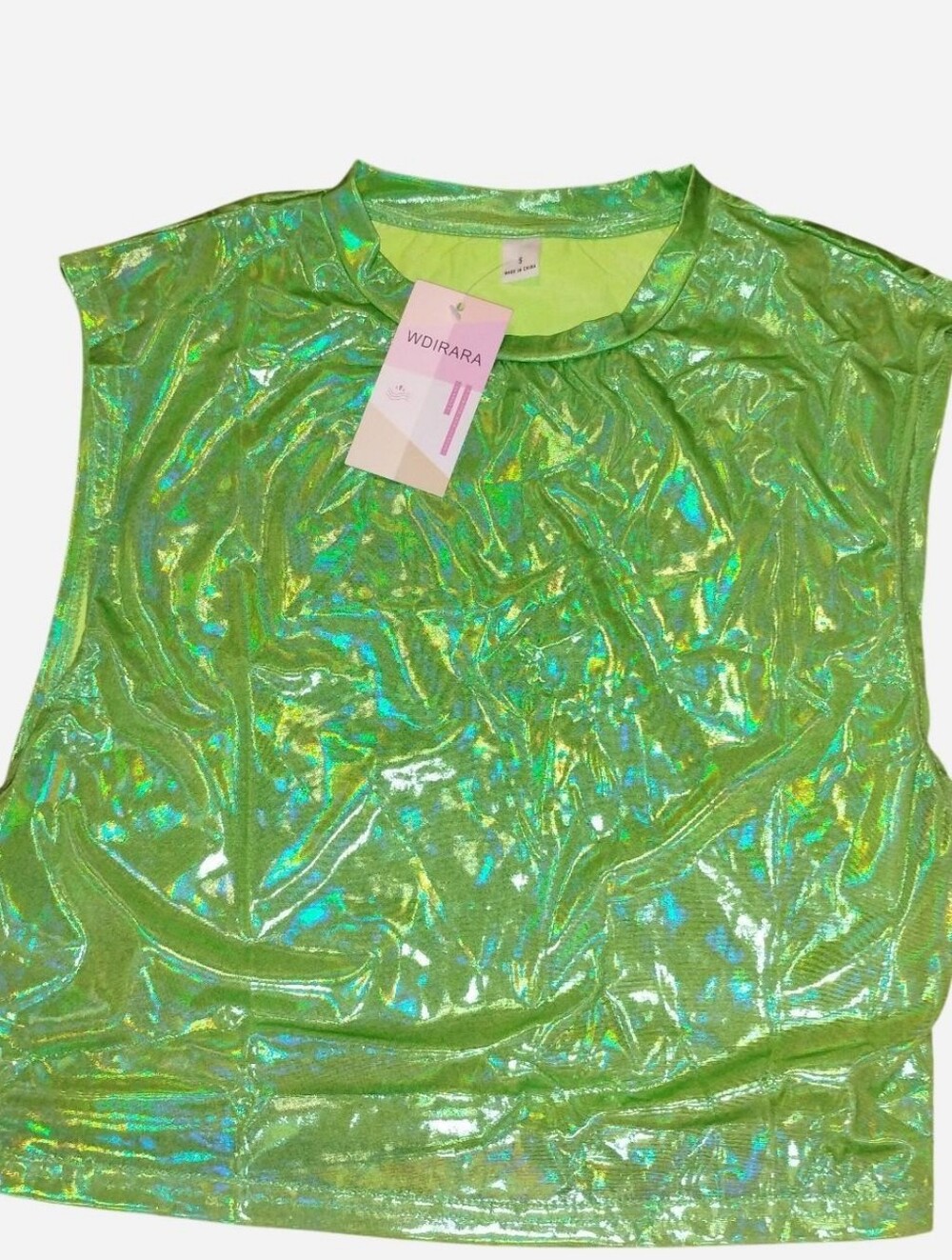 WDIRARA Shiny Iridescent Green Crew Neck Tank Top - Festival / Rave - Size S